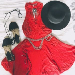 Red Boho Lace Tunic Dress